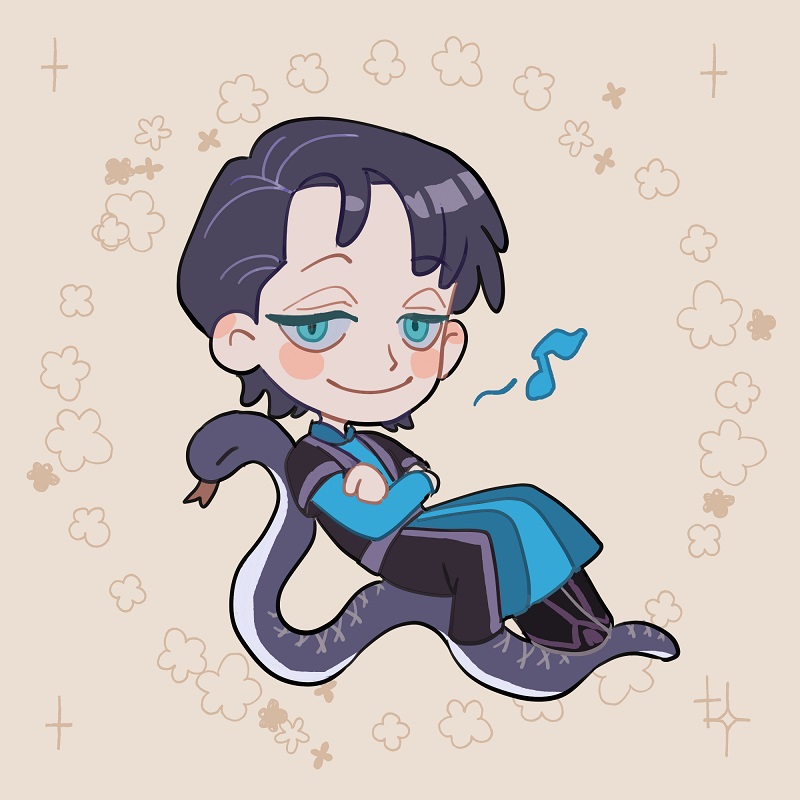 1boy, bei_18, black_footwear, black_hair, black_robe, blue_dress, blue_eyes, brown_background, crossed_arms, deformed, dress, eighth_note, layered_sleeves, long_dress, long_sleeves, looking_at_viewer, male_focus, musical_note, original, robe, short_over_long_sleeves, short_sleeves, smile, snake, solo