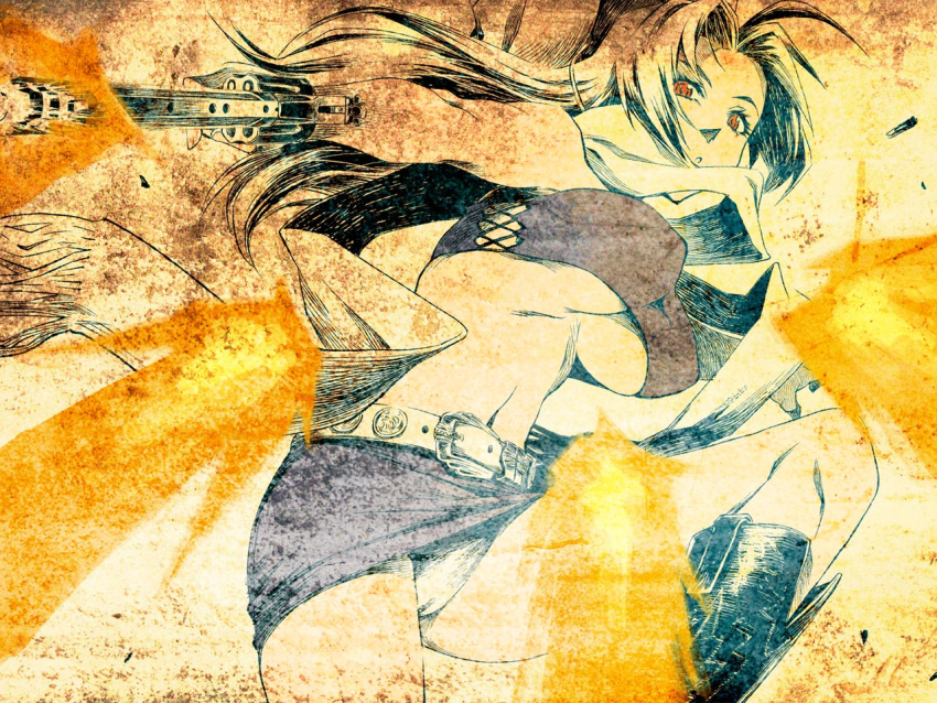 1girl, boots, breasts, bustier, female, firing, gun, handgun