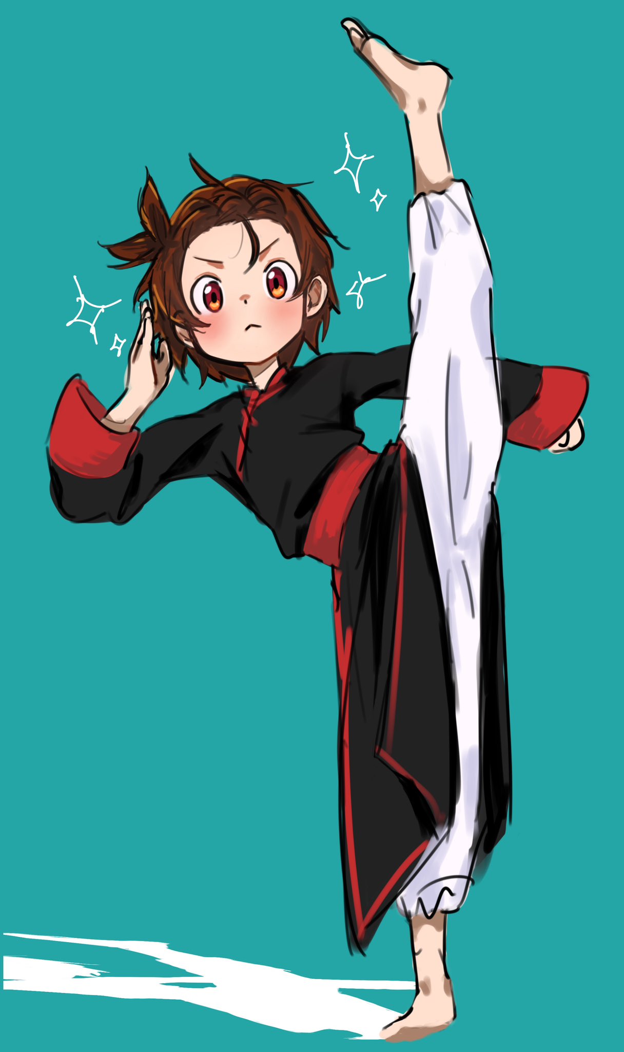 1girl, :<, aqua_background, black_robe, braid, brown_hair, chinese_clothes, full_body, furrowed_brow, highres, looking_at_viewer, martial_arts, medalist_(manga), robe, sanmenkyou, solo, sparkle, split, standing, standing_on_one_leg, standing_split, yuitsuka_inori