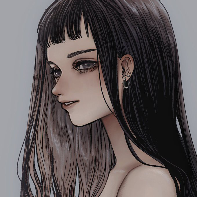 1girl, brown_hair, earrings, grey_background, grey_eyes, jewelry, long_hair, mina_(minalaifey)