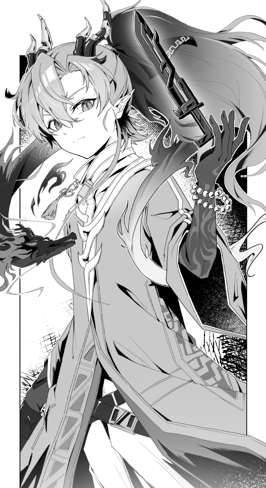 1boy, arknights, beads, chinese_commentary, closed_mouth, coat, commentary, cowboy_shot