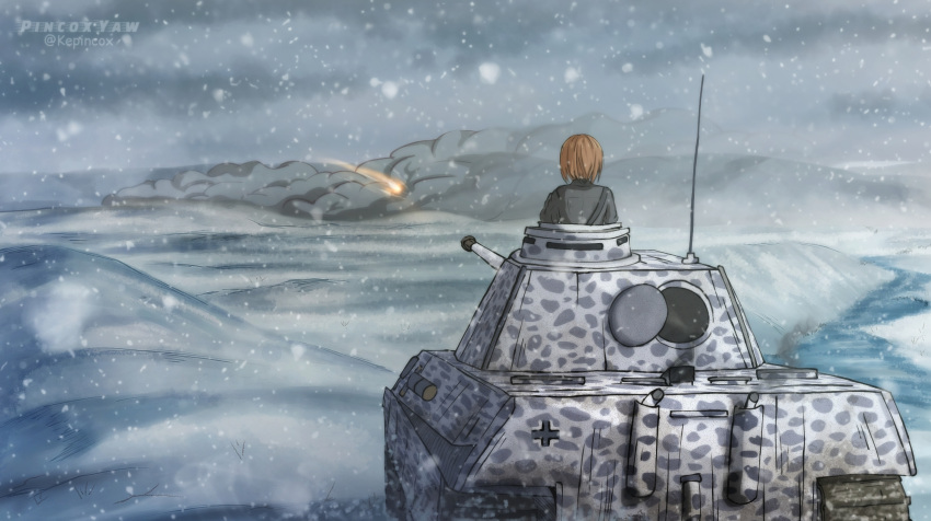 1girl, artist_name, brown_hair, cannon, from_behind, girls_und_panzer, highres, imminent_death