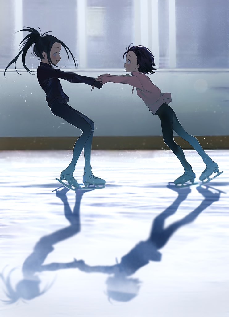2girls, from_side, full_body, hokaze_(lx7i9frrkegzi1g), ice_skates, ice_skating, jacket, kamisaki_hikaru