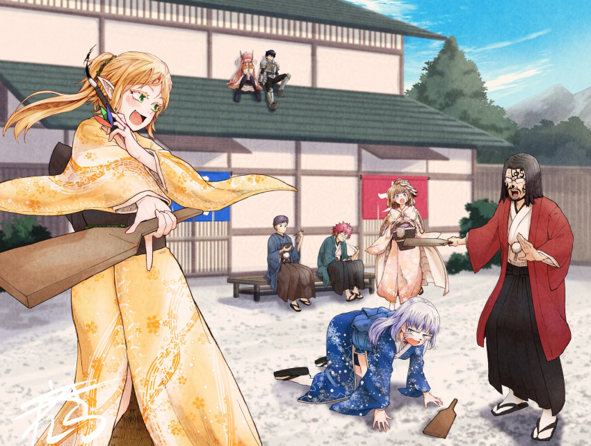 4boys, 4girls, alicia_edelcia, all_fours, black_footwear, black_hair, blue_kimono, blue_sky, blush, brown_hair, building, calligraphy_brush, chopsticks, clouds, commentary_request, day, edgar_(isekai_ojisan), elf, facepaint, fang, glasses, green_eyes, highres, holding, holding_calligraphy_brush, holding_chopsticks, holding_paintbrush, isekai_ojisan, japanese_clothes, jewelry, kimono, long_hair, long_sleeves, looking_at_another, mabel_raybert, madara_hato, medium_hair, multiple_boys, multiple_girls, obi, on_roof, open_mouth, outdoors, paintbrush, pointy_ears, ponytail, purple_hair, raiga_(isekai_ojisan), ring, sandals, sash, shibazaki_yousuke, sitting_on_roof, sky, smile, sui_(isekai_ojisan), wavy_mouth, wedding_ring, wide_sleeves, yellow_kimono