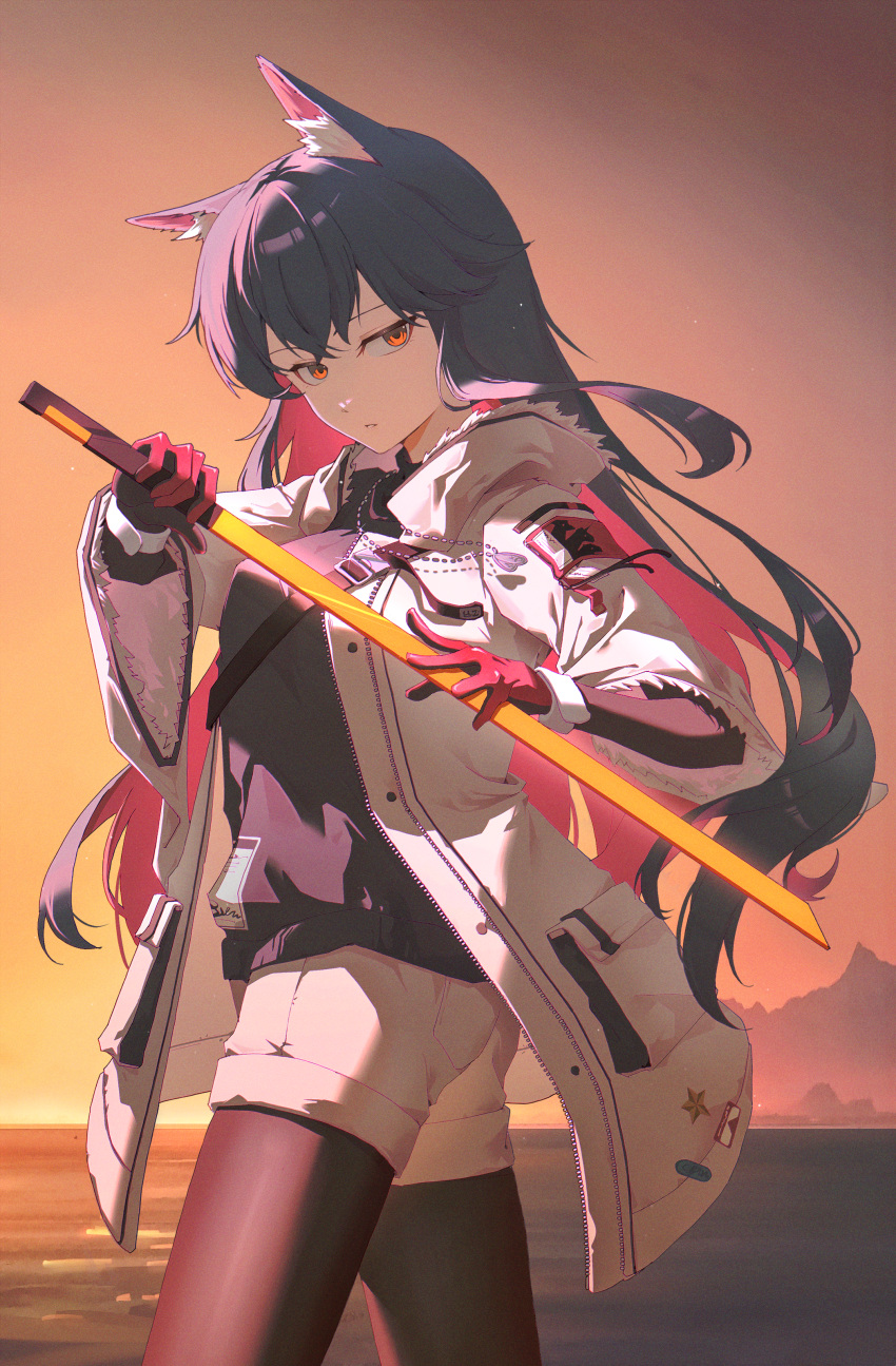 1girl, absurdres, animal_ear_fluff, animal_ears, arknights, black_gloves, black_hair, black_shirt