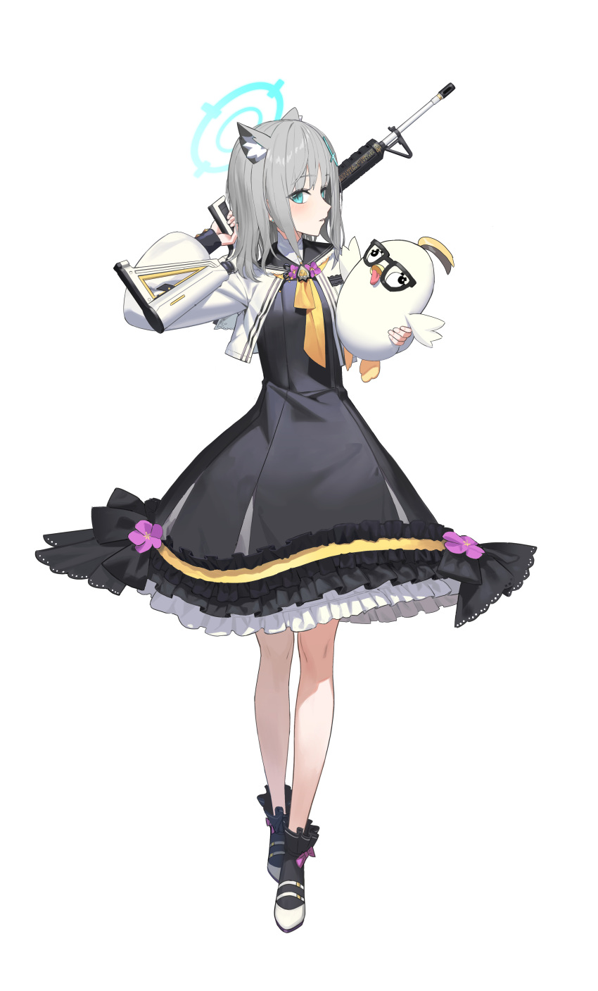 1girl, absurdres, animal_ear_fluff, animal_ears, assault_rifle, azusa_(blue_archive), azusa_(blue_archive)_(cosplay), black_dress