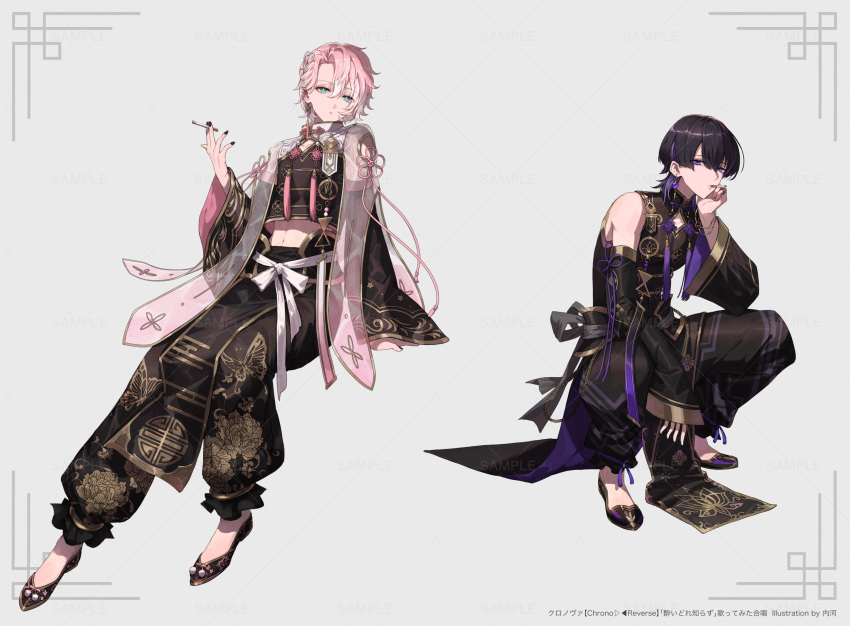 2boys, :o, absurdres, amayume_remu, animal_print, aqua_eyes, arm_support, barbell_piercing, bare_shoulders, belt, black_belt, black_footwear, black_hair, black_nails, black_pants, black_robe, black_shirt, black_sleeves, bracelet, bright_pupils, butterfly_earrings, butterfly_print, changpao, chinese_clothes, chinese_knot, chrono_reverse, cigarette, copyright_notice, cropped_shirt, curtained_hair, detached_sleeves, earrings, expressionless, flats, floral_print, flower_knot, full_body, grey_background, grey_sash, hair_between_eyes, hair_ornament, hairclip, half_updo, hand_up, head_on_hand, head_rest, heart, heart_hair_ornament, highres, holding, holding_cigarette, invisible_chair, jewelry, knees_together_feet_apart, long_sleeves, looking_at_viewer, lotus_print, male_focus, medium_hair, midriff, multicolored_hair, multiple_boys, neck_tassel, official_art, pants, parted_lips, peony_print, piercing, pink_hair, pink_ribbon, pinky_ring, puffy_pants, purple_hair, purple_ribbon, ribbon, robe, see-through_clothes, shino_(chrono_reverse), shirt, short_hair, simple_background, single_earring, sitting, sleeveless, sleeveless_robe, sleeveless_shirt, smoking, squatting, stole, streaked_hair, tangzhuang, tassel, tassel_earrings, two-sided_sleeves, utkw_n, violet_eyes, white_hair, white_pupils, wide_sleeves, yoidore_shirazu_(vocaloid)