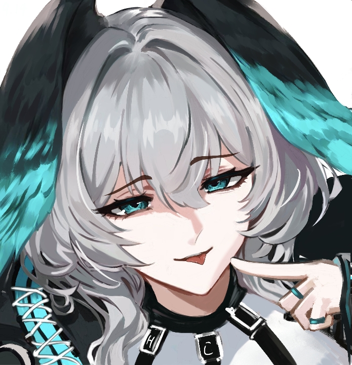 1girl, aqua_eyes, aqua_wings, arknights, black_wings, close-up, commentary, finger_to_cheek