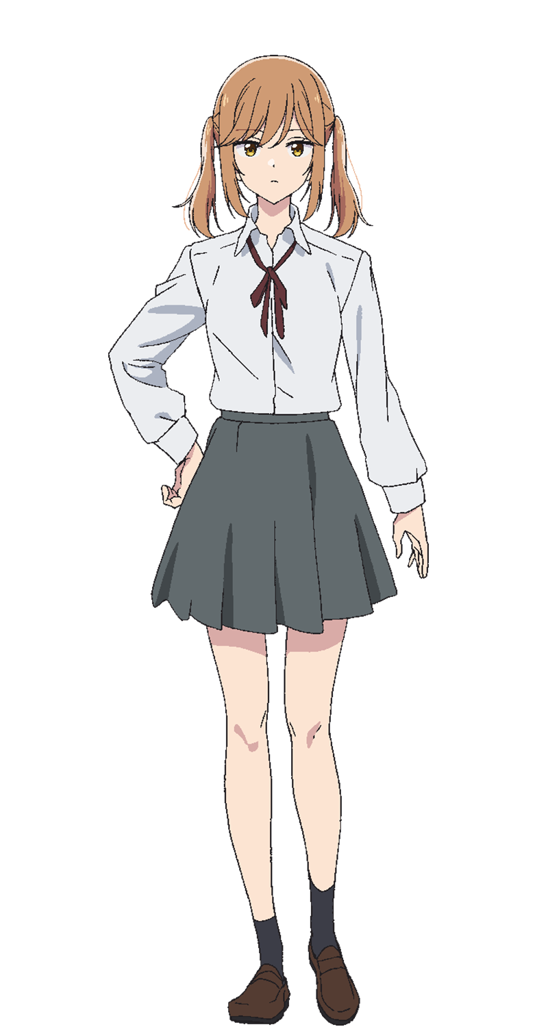 1girl, arm_at_side, brown_eyes, brown_footwear, brown_hair, brown_ribbon, closed_mouth, collared_shirt