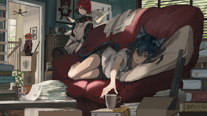 3girls, absurdres, animal, animal_ears, arknights, bird, black_hair, black_shorts
