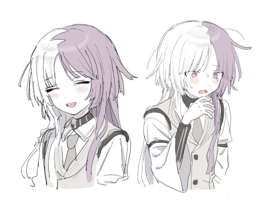 1boy, aid_(user_eexf4555), blush, bungou_stray_dogs, closed_eyes, collared_shirt, cropped_torso, hand_up, highres, long_hair, long_sleeves, male_focus, multicolored_hair, multiple_views, necktie, open_mouth, pink_eyes, purple_hair, shirt, sigma_(bungou_stray_dogs), simple_background, sleeve_garter, smile, split-color_hair, sweat, sweater, tears, turtleneck, turtleneck_sweater, two-tone_hair, vest, white_background, white_hair, white_shirt