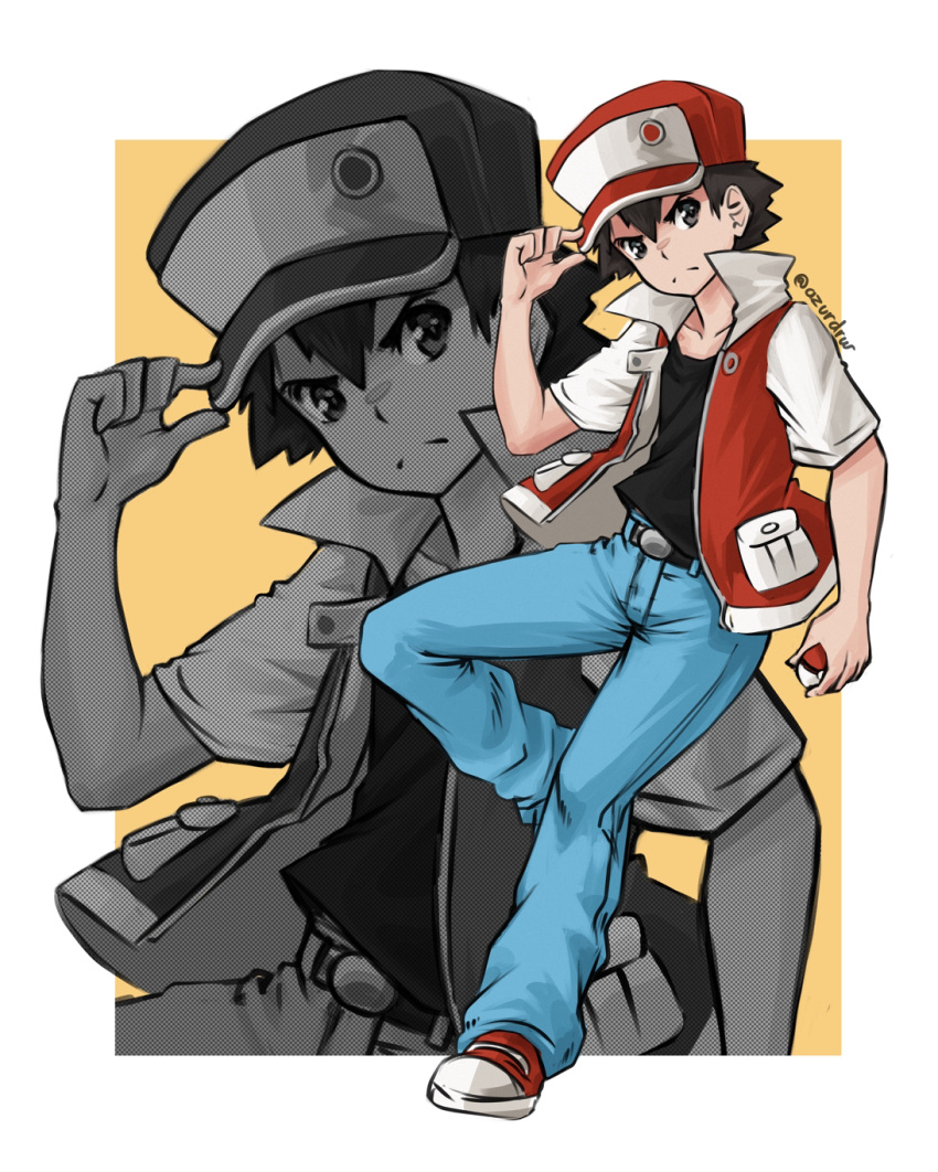 1boy, azurdraws, black_shirt, blue_pants, closed_mouth, commentary, frown, hand_on_headwear