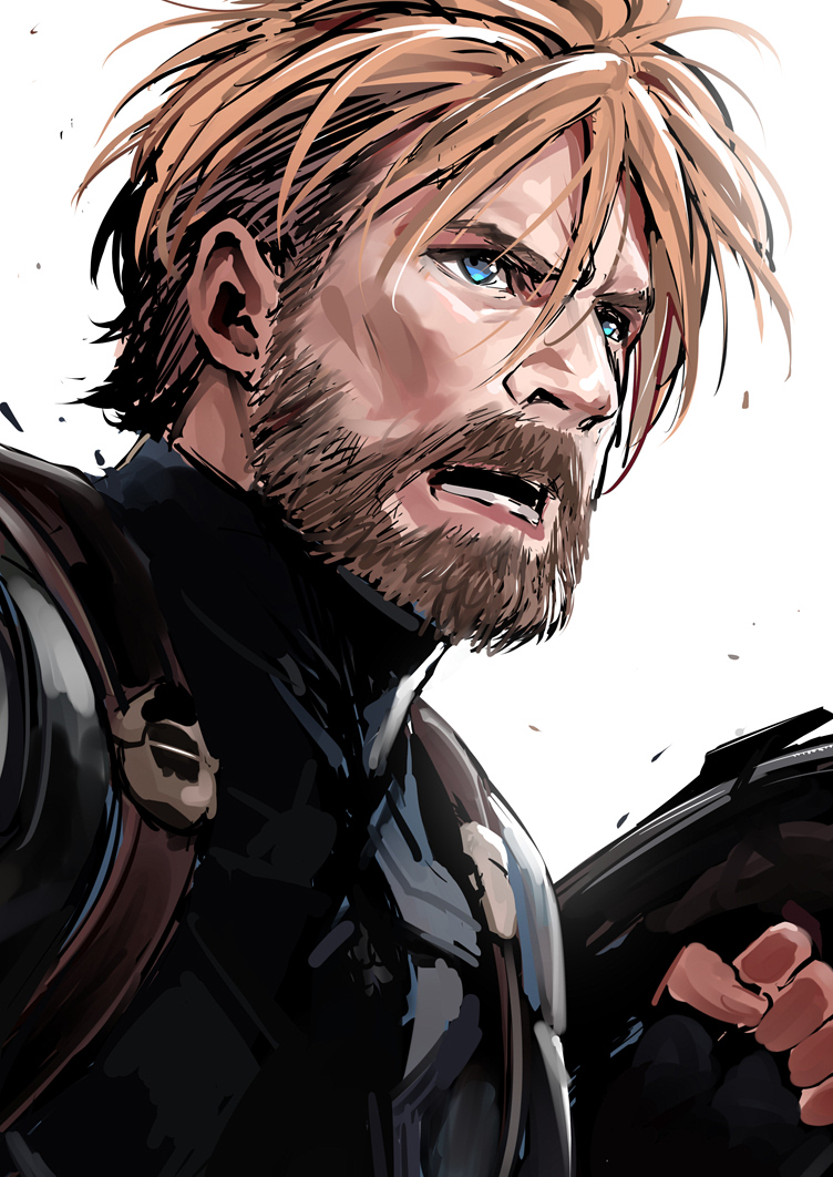 1boy, avengers_(series), beard, blonde_hair, blue_bodysuit, blue_eyes, bodysuit, captain_america