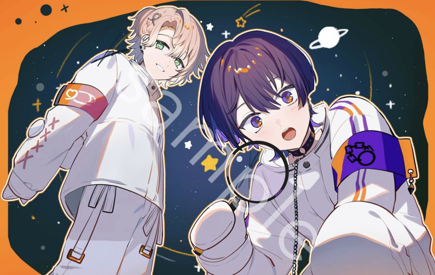 2boys, amayume_remu, armband, arms_behind_back, astronaut, black_choker, blunt_ends, border