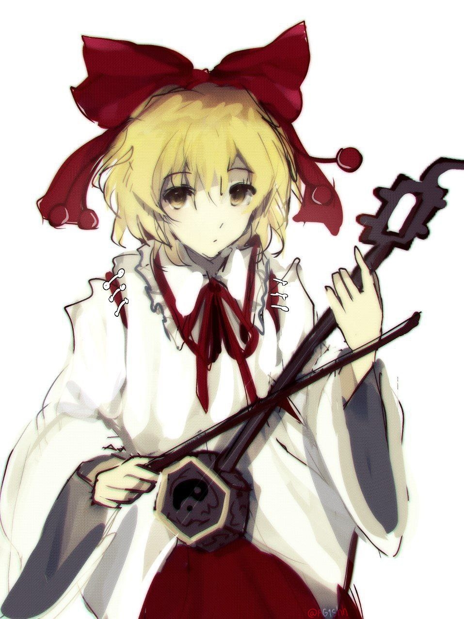 1girl, ag1shh, blonde_hair, bow, embodiment_of_scarlet_devil, erhu, frills, hair_bow