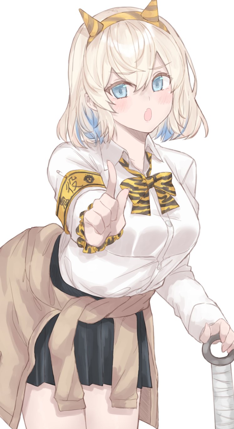 1girl, animal_print, armband, az_toride, black_skirt, blonde_hair, blue_hair, brown_jacket