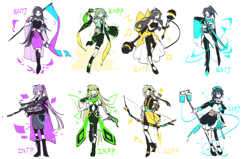16personalities, 6+girls, adventurer_(16personalities), arrow_(projectile), back_bow, black_hair, blonde_hair, blue_eyes