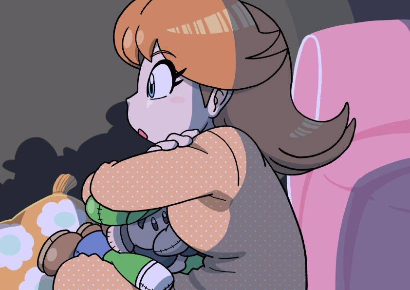 1girl, blue_eyes, blue_pants, brown_hair, couch, crossed_arms, crossed_legs, dark_room