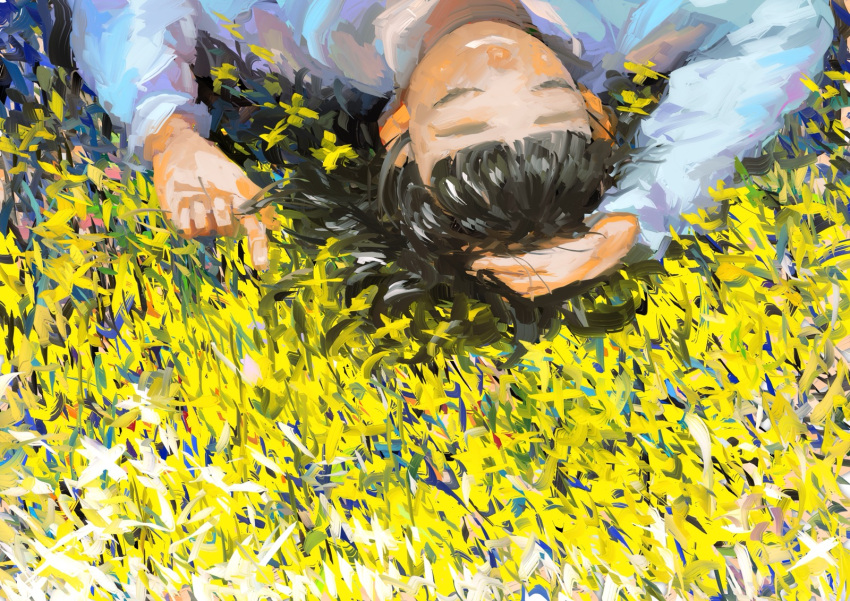1girl, absurdly_long_hair, akino_suzume, blue_shirt, blunt_bangs, closed_eyes, from_above, grass