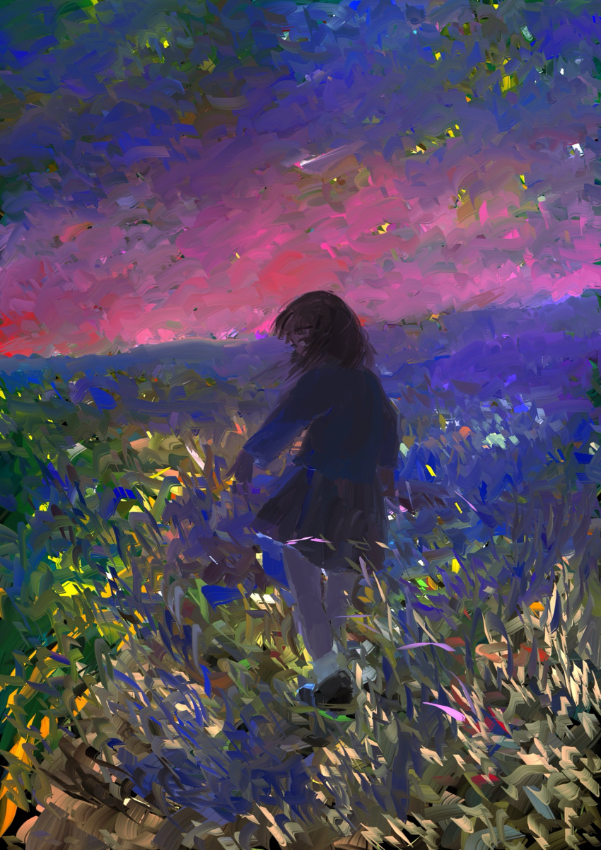1girl, abstract, akino_suzume, blue_shirt, brown_hair, brown_skirt, colorful, full_body