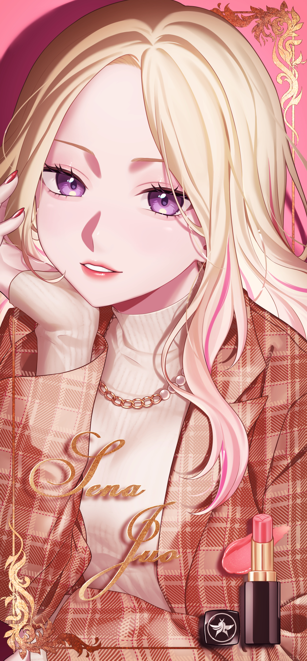 blonde_hair, brown_jacket, chain, chain_necklace, cosmetics, fingernails, forehead, gakuen_idolmaster