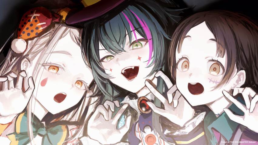 3girls, :d, :o, absurdres, brown_hair, claw_pose, commentary, facepaint