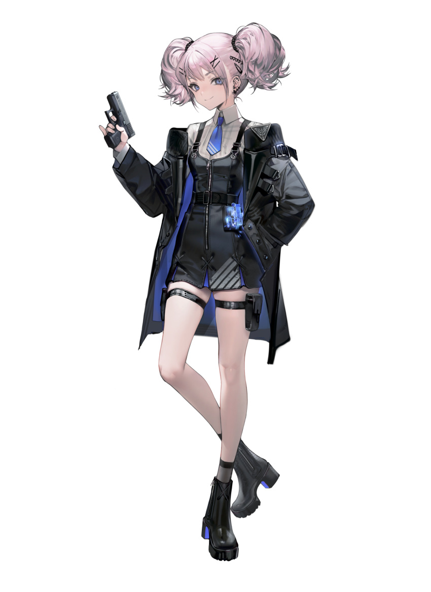 1girl, absurdres, ankle_boots, black_coat, black_dress, black_footwear, black_socks, blue_eyes, blue_necktie, boots, coat, collared_shirt, dress, echoes_of_vision, full_body, gun, hair_ornament, hand_in_pocket, hand_up, handgun, highres, holding, holding_gun, holding_weapon, holster, long_sleeves, looking_at_viewer, necktie, non-web_source, official_art, pink_hair, pinky_out, ponytail, scheele_(echoes_of_vision), shirt, short_dress, short_hair, socks, solo, standing, tachi-e, thigh_holster, transparent_background, weapon, white_shirt, x_hair_ornament, zipper_dress