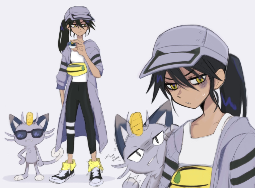 1girl, alolan_meowth, bag, baseball_cap, black_hair, bruise, bruised_eye, cat