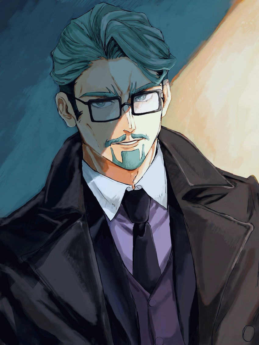 1boy, beard, challia_bull, collared_shirt, facial_hair, glasses, green_eyes, green_hair, gundam, gundam_gquuuuuux, highres, jacket, looking_at_viewer, male_focus, mon_star200cc, mustache, necktie, open_mouth, shadow, shirt, short_hair, smile, solo, undercut