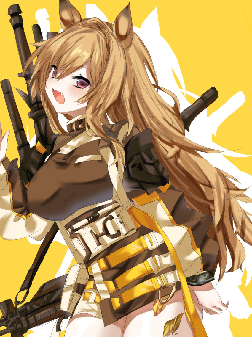 1girl, :d, arknights, blush, brown_hair, brown_jacket, ceobe_(arknights), commentary