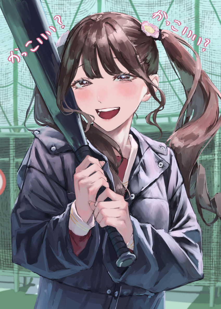 1girl, :d, animification, baseball_bat, black_coat, blunt_bangs, brown_hair, coat, commentary, flower, hair_flower, hair_intakes, hair_ornament, highres, holding, holding_baseball_bat, kan_kanna, link!_like!_love_live!, lone_nape_hair, long_hair, long_sleeves, looking_at_viewer, love_live!, open_mouth, outdoors, pink_flower, real_life, saidamoosu, seeno_de!_hasu_no_sora!, sidelocks, smile, solo, teeth, translation_request, twintails, two-handed, upper_body, voice_actor