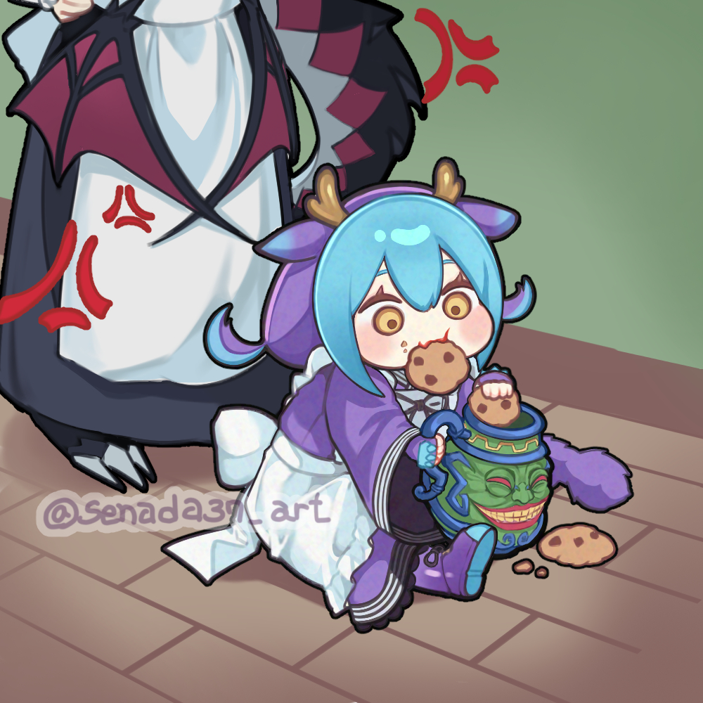 2girls, anger_vein, blue_hair, chocolate_chip_cookie, cookie, dragon_girl, dragon_horns, dragon_tail
