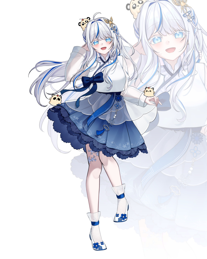 1girl, absurdres, ahoge, aokumo_rin, blue_hair, floating_hair, full_body, grey_hair, hanbok, hand_up, highres, korean_clothes, long_hair, looking_at_viewer, luna_bloom, multicolored_hair, open_mouth, simple_background, smile, socks, standing, stellive, streaked_hair, virtual_youtuber, white_background, white_footwear, white_socks, zoom_layer