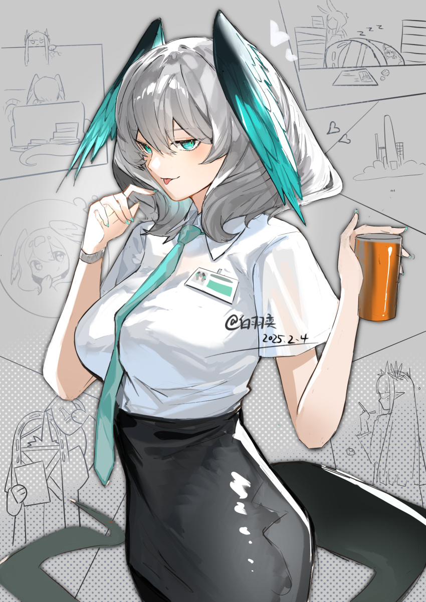 1other, 2girls, :p, absurdres, alternate_costume, aqua_eyes, aqua_necktie, arknights