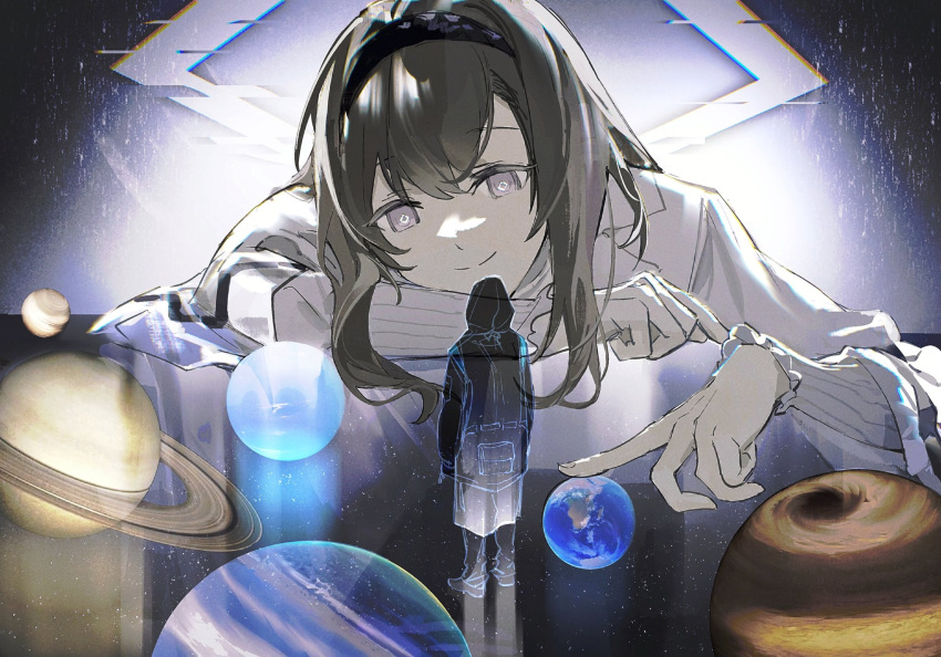 1girl, 1other, arknights, black_hair, black_hairband, coat, doctor_(arknights), grey_eyes