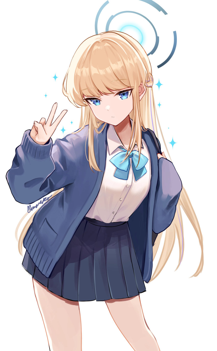 1girl, absurdres, amaneko_(amaneko_y), bag, bare_legs, black_skirt, blonde_hair, blue_archive, blue_bow, blue_bowtie, blue_cardigan, blue_eyes, blue_halo, bow, bowtie, breasts, cardigan, collared_shirt, commentary_request, cowboy_shot, cross, dress_shirt, halo, highres, leaning_forward, long_hair, long_sleeves, looking_at_viewer, open_cardigan, open_clothes, pleated_skirt, school_bag, school_uniform, shirt, simple_background, skirt, small_breasts, solo, standing, toki_(blue_archive), username, v, very_long_hair, white_background, white_shirt