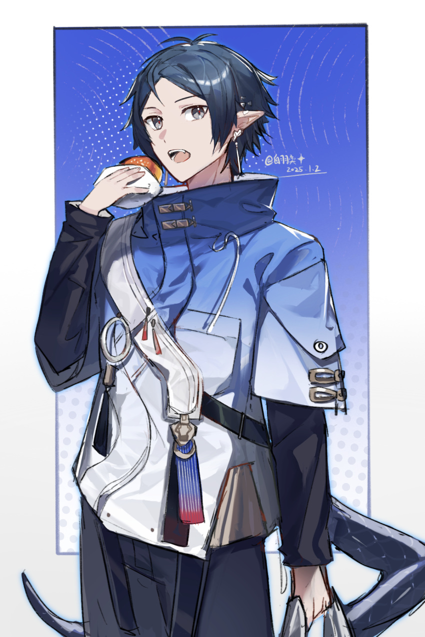 1boy, arknights, baiyuyi, black_hair, black_tail, blue_background, blue_shirt, border