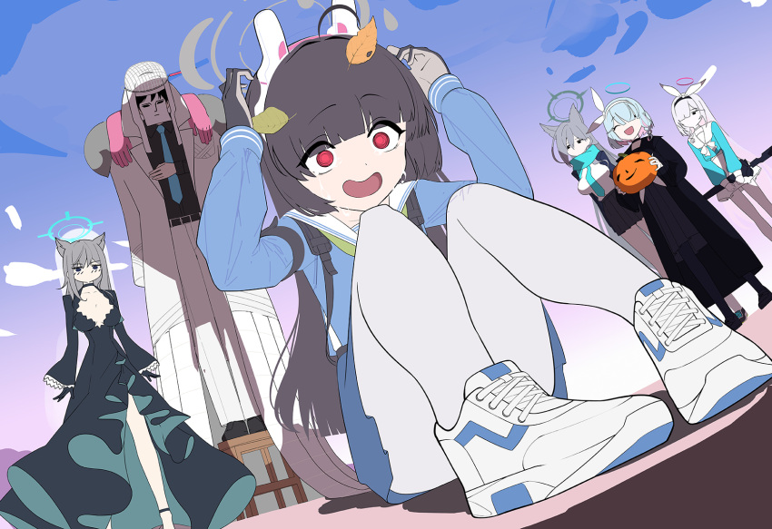 1boy, 5girls, :d, @_@, animal_ears, arona_(blue_archive), arona_(blue_archive)_(cosplay), black_coat