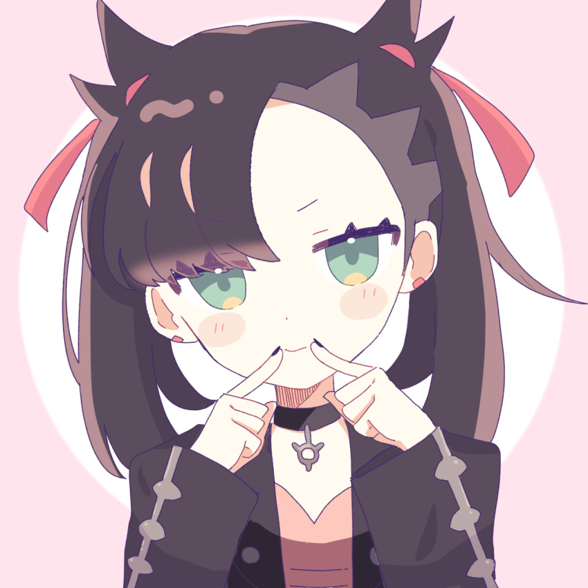 1girl, asymmetrical_bangs, black_collar, black_hair, black_nails, blush_stickers, closed_mouth, collar