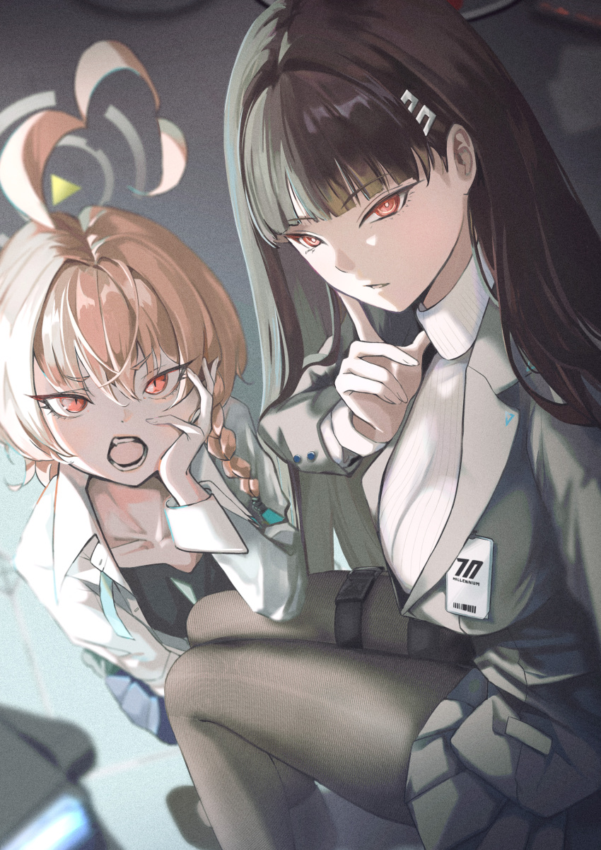 2girls, absurdres, ahoge, black_hair, black_pantyhose, blazer, blue_archive, blunt_bangs
