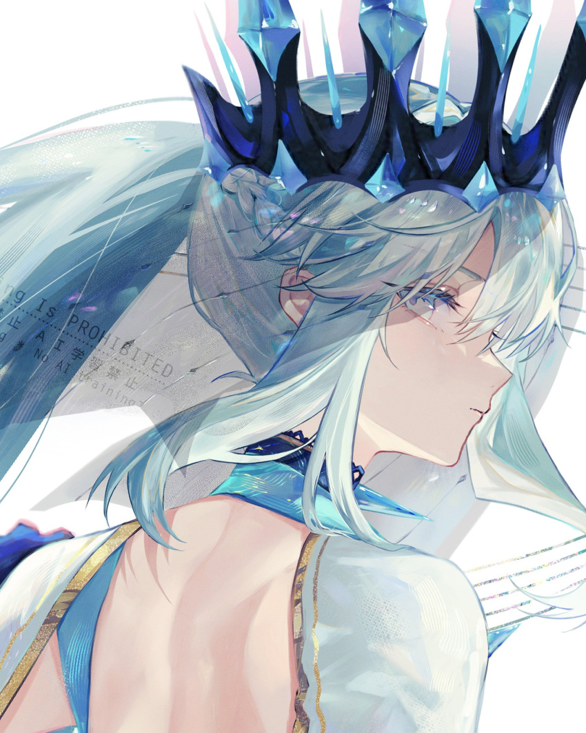 1girl, backless_dress, backless_outfit, blue_eyes, blue_hair, braid, crown, dress