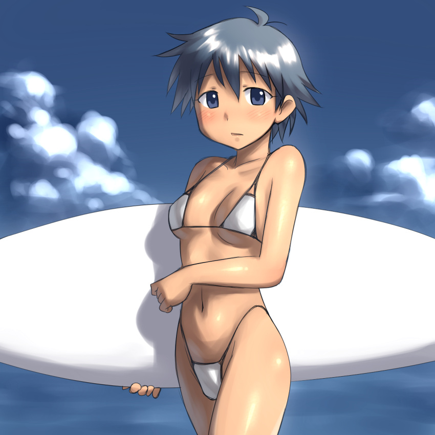 bikini, blue_eyes, blue_hair, blush, breasts, cloud, clouds, highleg