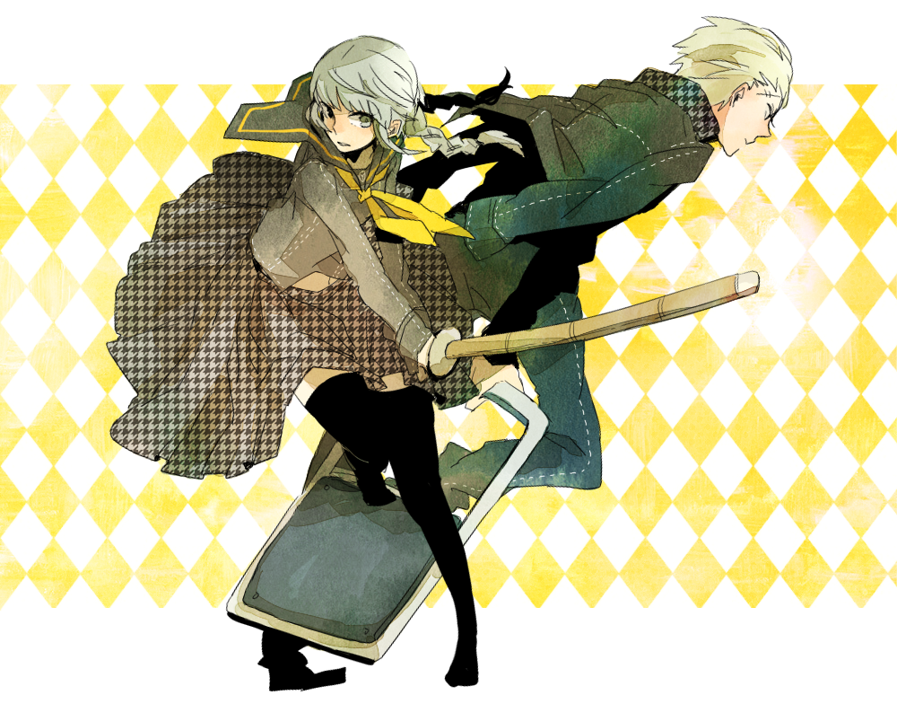 braid, crossdressinging, grey_eyes, grey_hair, narukami_yuu, persona, persona_4, school_uniform