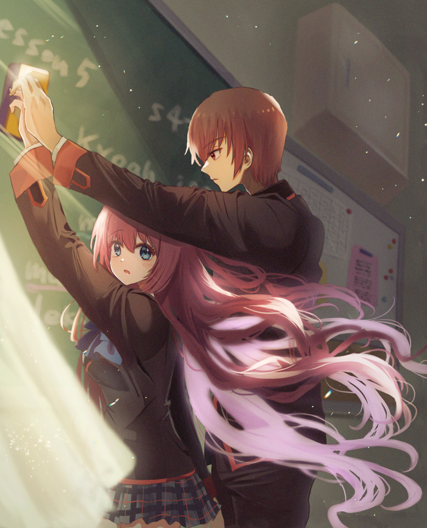 1boy, 1girl, a-chan_(little_busters!), absurdres, arm_up, black_jacket, blue_bow, blue_eyes