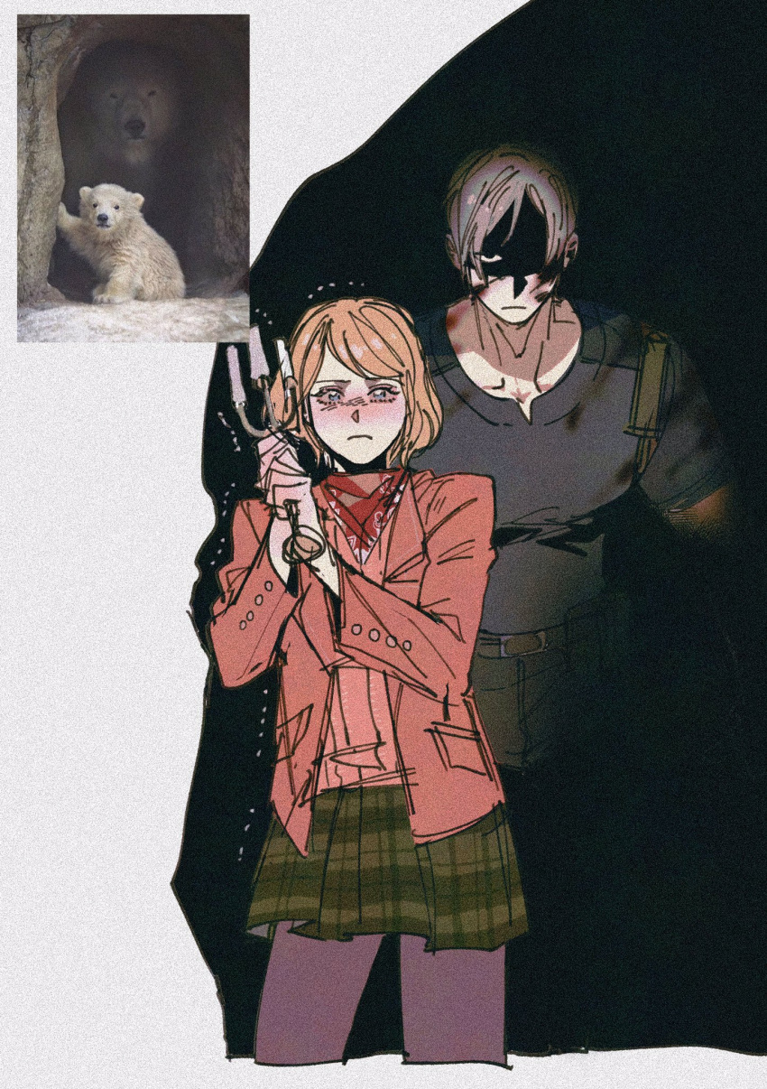 1boy, 1girl, ashley_graham, bear, blonde_hair, brown_hair, candle, candlestand