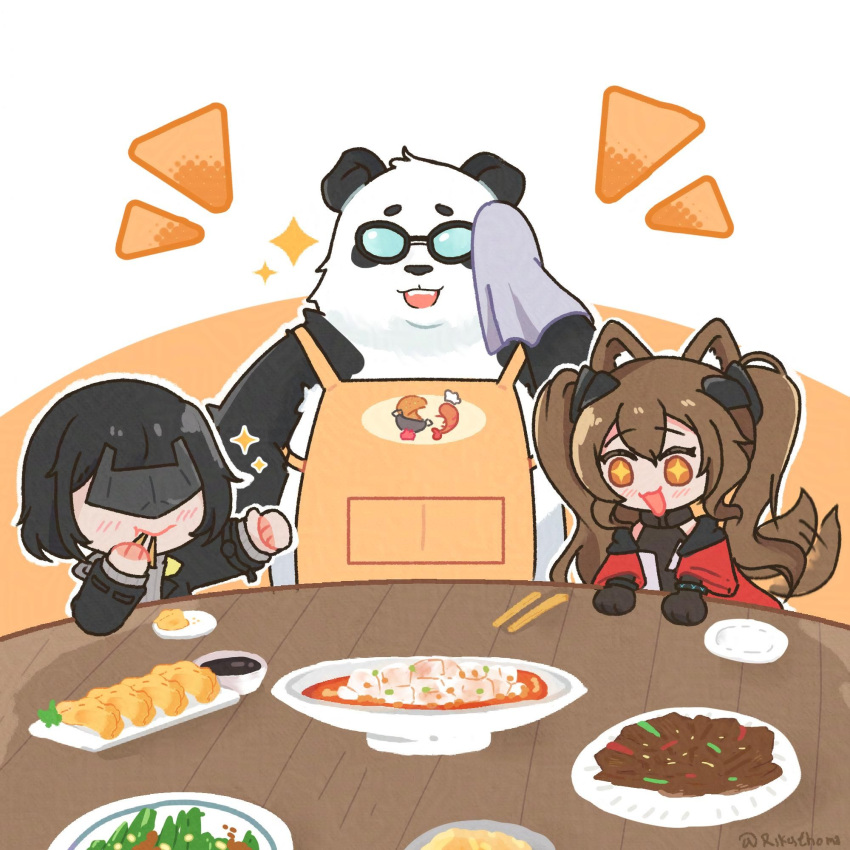 1boy, 2girls, angelina_(arknights), animal_ears, apron, arknights, arknights:_endfield, black_fur