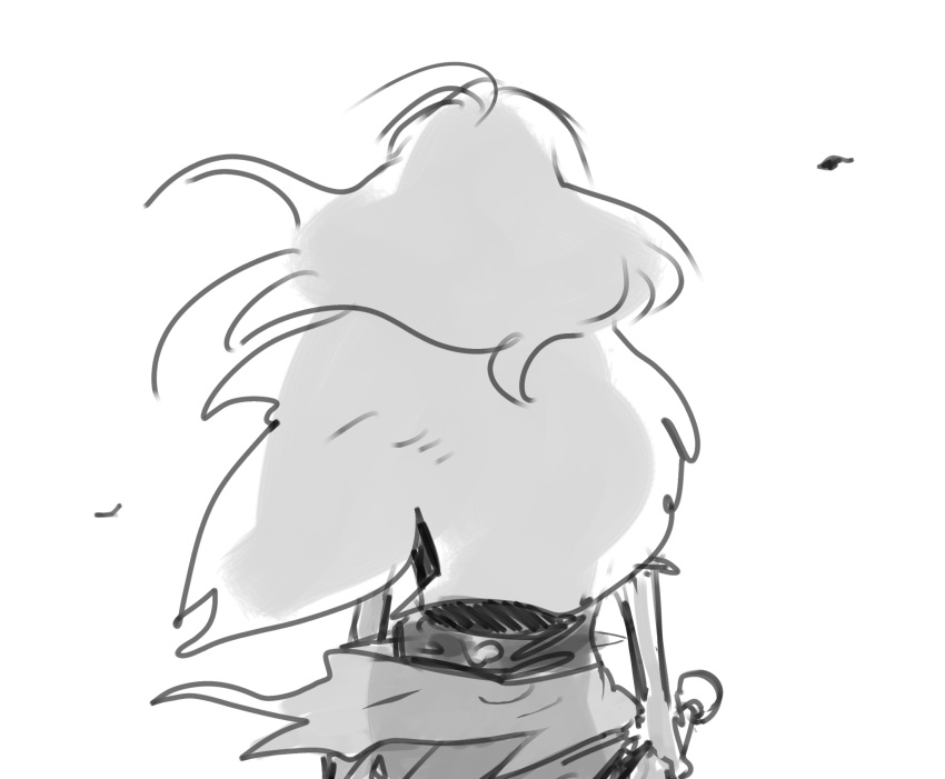 1girl, amphibia, from_behind, highres, long_hair, monochrome, resistance_costume_(amphibia), samui522