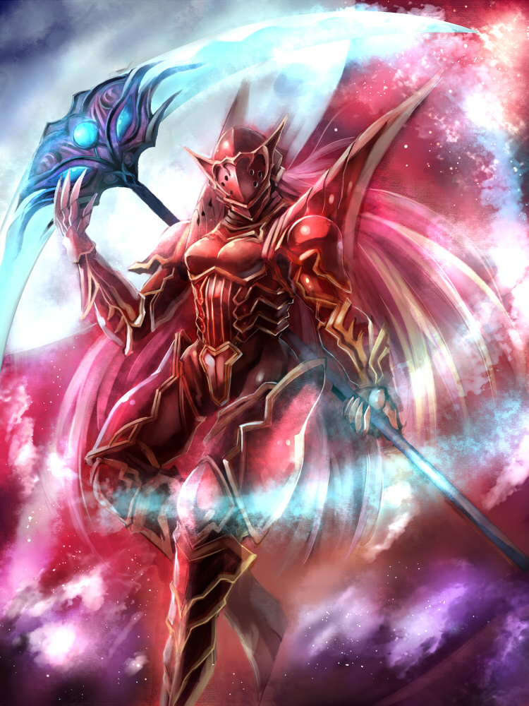 blonde_hair, edobox, fantasy, gargadia_empire, long_hair, moon, pixiv_fantasia, pixiv_fantasia_5, red_armor, scarlett_(pixiv_fantasia), scythe, very_long_hair, weapon