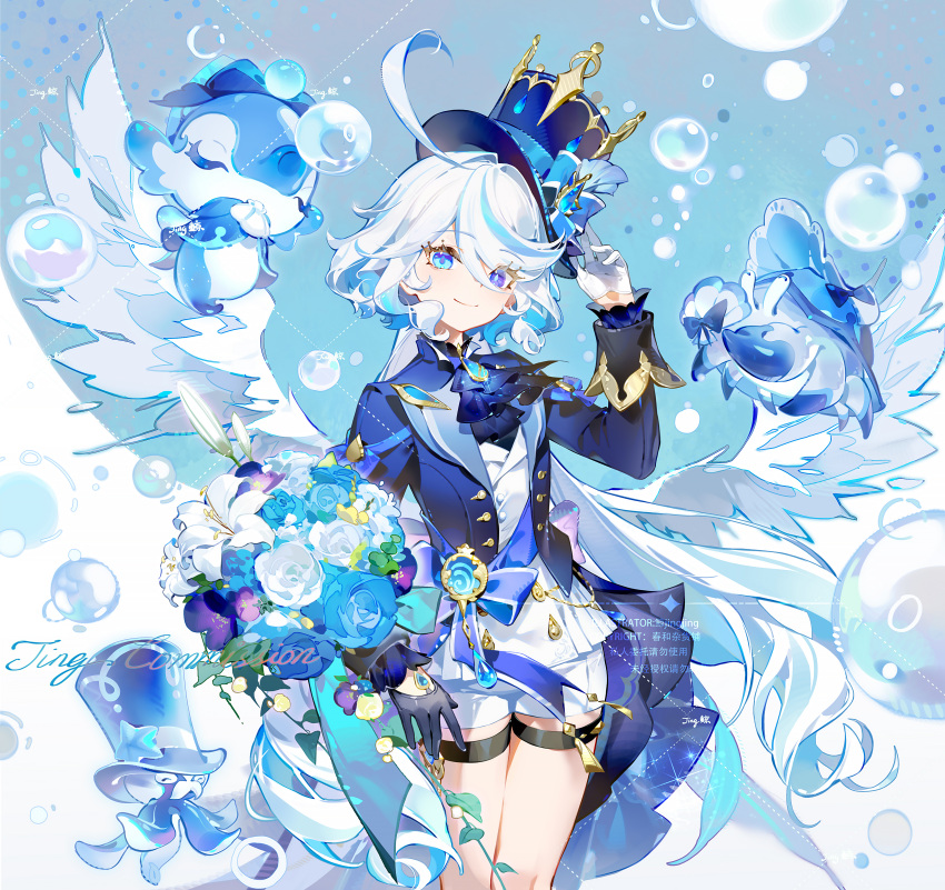 1girl, absurdres, adjusting_clothes, adjusting_headwear, adorable, ascot, asymmetrical_gloves, black_ascot, black_gloves, blue_background, blue_coat, blue_eyes, blue_flower, blue_hair, blue_hat, blue_ribbon, bouquet, bubble, chinese_commentary, coat, colored_inner_hair, commentary_request, cowboy_shot, cowlick, cute, elegant, emurina, feathered_wings, flower, furina_(genshin_impact), genshin_impact, gentilhomme_usher, gloves, half_gloves, hat, heterochromia, highres, holding, holding_bouquet, long_hair, looking_at_viewer, mademoiselle_crabaletta, mismatched_gloves, multicolored_hair, peak, ribbon, rose, shorts, simple_background, smile, solo_focus, surintendante_chevalmarin, tailcoat, thigh_strap, top_hat, vision_(genshin_impact), watermark, white_background, white_flower, white_gloves, white_hair, white_shorts, white_wings, wings