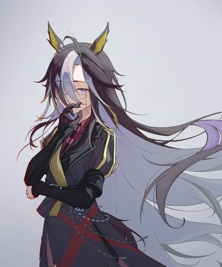 1girl, ahoge, animal_ears, blue_eyes, brown_hair, cai_ji_(user_jmrv4342), closed_mouth, cowboy_shot, dream_journey_(umamusume), ear_ornament, eyewear_strap, glasses, hair_between_eyes, hair_over_one_eye, hand_on_own_arm, highres, holding_own_arm, horse_ears, horse_girl, horse_tail, jewelry, lace_sleeves, long_hair, long_sleeves, multicolored_hair, multiple_rings, puffy_sleeves, ring, short_sleeves, single_hair_intake, smile, solo, standing, tail, umamusume